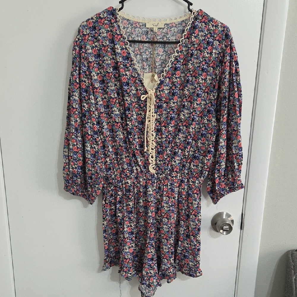Easel Pastel Floral Top with Lace Detail